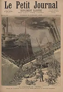 Couverture d'un journal montrant deux navires entrant en collision, des marins passant par-dessus bord