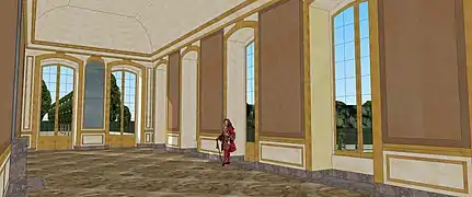 Essai de restitution du volume intérieur de la Galerie de l'Hôtel Crozat, rue de Richelieu, vers 1710. Le plafond a été peint par Charles de La Fosse.