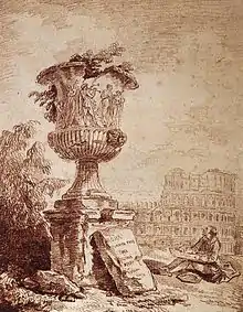 Mise en scène fantaisiste montrant le Colisée en arrière-plan. Vase sur piédestal au milieu de ruines ; végétation poussant à l'intérieur ; deux silhouettes