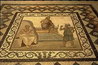 Mosaïque romaine représentant l'arrivée sur l'île d'Asclépios, reçu par Hippocrate et un citoyen.