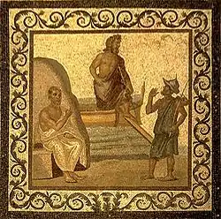 Une illustration d'Hippocrate dans l’Asclepieion de Kos, avec Asclépios figurant au centre de la scène.