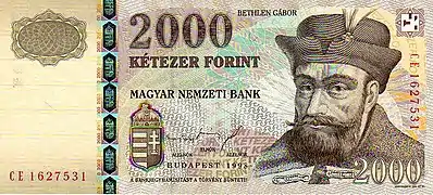 Portrait de Bethlen sur un billet de 2000 forints hongrois (1998).