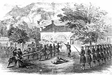 Les marines attaquant l'arsenal tenu par John Brown lors de son raid à Harper's Ferry, gravure publié dans le Harper's Weekly en novembre 1859.
