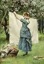 Étendre le linge pour le faire sécher. tableau Les Oies curieuses par Henry John Yeend King)