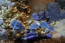 Photographie d'un bloc de minéraux à l'aspect bleu et or.