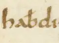 Le ƀ en vieux saxon dans haƀdi dans le manuscrit M du Heliand, IXe siècle.
