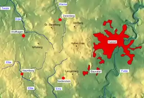 Carte des collines du Habichtswald à l'ouest de Cassel.