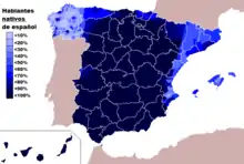 Carte représentant la proportion de locuteurs natifs de l'espagnol selon les régions en Espagne et à Andorre.