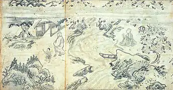 Paysage au lavis. Version monochrome de la Biographie illustrée du moine Saigyō, XVe.