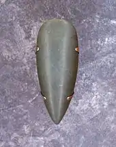 Photographie en couleur d'une pointe de hache préhistorique en pierre polie.