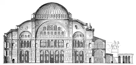 Plan en coupe du dôme surbaissé de la basilique Sainte-Sophie de Constantinople, VIe siècle, le modèle de l'architecture byzantine.