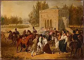 Halte de chasse devant le palais abbatial de Royaumont (vers 1830).