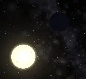 Hamal accompagnée de sa planète, simulées dans le logiciel Celestia.