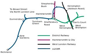 Richmond is shown on the bottom left and a blue line (L&SWR) is goes up the page then right until Hammersmith is reached. At Hammersmith the blue curves sharply north, travels through Hammersmith station and then curves around until it meets a north – south black line (WLR) in a southerly direction. Just before the Hammersmith station the District Railway is shown continuing straight on, through its own station, before continuing to Earl's Court.