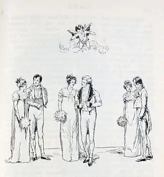 Gravure montrant trois couples surmontés d'un Éros voletant
