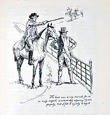 Devant une clôture, un homme à cheval et un autre, debout, les mains sur les hanches