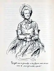 gravure. Une femme rigide, assise les bras croisés, portant coiffe et mitaines