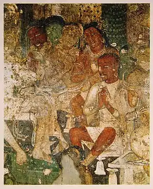 Hamsa jâtaka, grotte 17. Cette peinture illustre probablement l'une des vies antérieures du Bouddha.