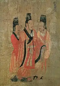 Empereur Zhao des Han ? Rouleau des Treize Empereurs attribué traditionnellement à Yan Liben, actif en 640-673, rouleau horizontal, encre et couleurs sur soie, 51 × 531 cm, détail. Boston Museum of Fine Arts.