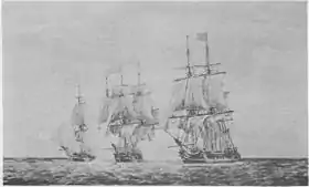 Gravure en noir et blanc de 3 navires de guerre aux voiles déployées.