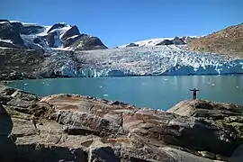 Photographie en couleurs de roches brunes et grises, aux formes arrondies, bordées par les eaux d'un fjord, un glacier visible en arrière-plan.