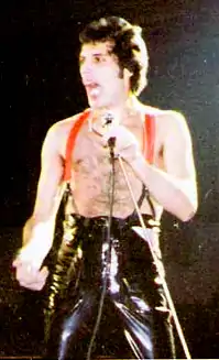 Photographie couleur d'un homme qui chante dans un micro et lève le bras droit.