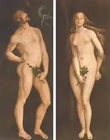 Tableaux représentant Adam et Ève, presque nus.