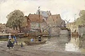 Peinture en couleurs représentant deux femmes sur un quai, des bateaux flottant sur l'eau, encadrés par des maisons en arrière-plan