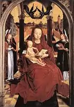 Hans Memling, Vierge à l'enfant intronisée avec deux anges musicaux, huile sur panneau, entre 1465 et 1467, Nelson-Atkins Museum of Art.