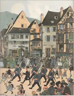 Dessin en couleurs montrant une escorte militaire prussienne raillée par la population alsacienne