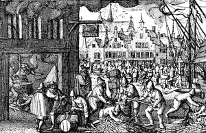 Gravure du XVIIe siècle représentant les caques de harengs sur le port d'Amsterdam