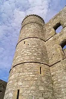 Une forte tour, construite en pierres, quelques meurtrières ; quelques ouvertures de fenêtres sur le mur qui rejoint la tour.