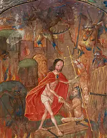 Enluminure médiévale montrant un Christ aux Enfers qui ouvre le tombeau d'Adam et en tire ce dernier.