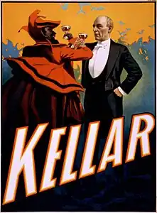 Affiche publicitaire de 1899 inspirée par Faust (ici Harry Kellar) faisant Schmolitz avec le diable.