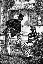 Gravure d'une édition anglaise : deux hommes, l'un penché vers l'autre assis sur un muret