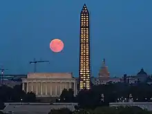 Une lune rouge au-dessus de bâtiments de Washington.