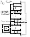 Plan du grand temple de Hatra, IIe siècle apr. J.-C. 1. iwan sud 2. iwan central 3. double iwan nord 4. édifice carré.