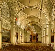 Toile de Eduard Hau, Intérieur du palais d'Hiver après l'incendie  de 1837. The Alexander Hall. 1861, par Alexandre Brioullov