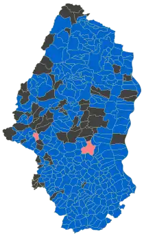 Une carte du Haut-Rhin par communes, montrant les résultats du premier tour de l'élection présidentielle française de 2012.