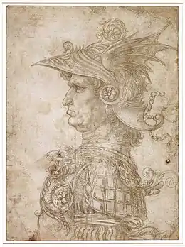 Dessin crayonné représentant un homme casqué et portant armure, vu de profil et en buste.