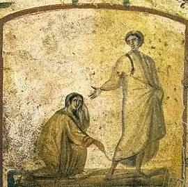 Christ en thaumaturge : Jésus guérissant une femme hémorragique.Catacombes de Rome, deuxième quart du IVe siècle.