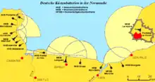 Carte des batteries côtières allemandes en Normandie avec leur portée et angle de tir.