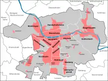 Carte montrant les limites de Heidelberg ainsi que les zones les plus densément peuplées en rose.