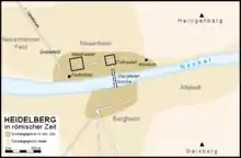 Carte en couleur montrant l’emprise de l’Empire romain à Heidelberg, de part et d’autre du Neckar.