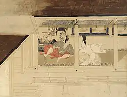 Deux hommes assis se font face, vus à travers les larges ouvertures d'une véranda.
