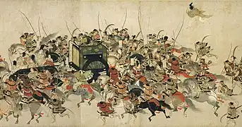 Agrandissement sur des peintures de guerriers très réalistes dans les visages, les armes et les armures. Rouleaux illustrés du Dit de Heiji, XIIIe.