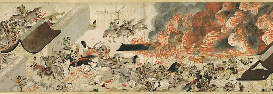 Attaque nocturne du palais de Sanjō (détail d'un rouleau illustré du Dit de Heiji, illustration composée au XIIIe siècle, Kamakura), 41,3 × 700,3 cm,  Musée des Beaux-Arts de Boston.