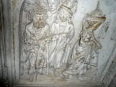 Bas-relief sur la tombe de sainte Cunégonde à la cathédrale de Bamberg, la représentant se soumettant au jugement de Dieu.