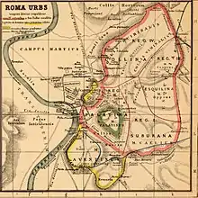 Carte en couleurs montrant les limites administratives et sacrées de la Rome antique.