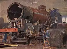 Dessin montrant des hommes en train de construire une locomotive.